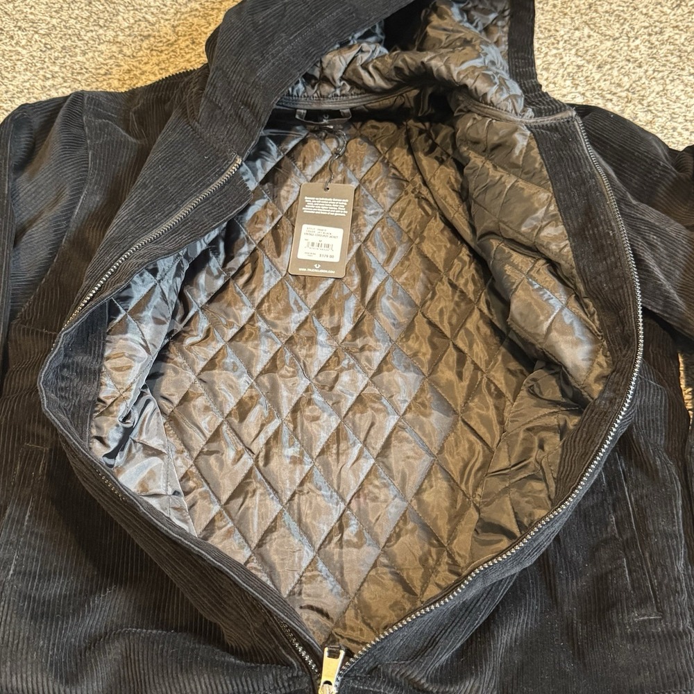 True Religion Hooded Vintage Corduroy Jet Black Jacket Zip Mens Size Medium NWT - Picture 4 of 6